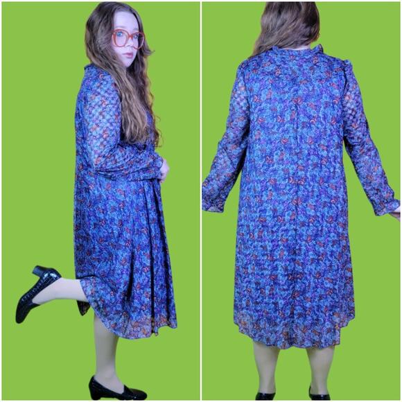 Vintage JCPenney Fashions Lace Floral Long Sleeve Midi Dress, L - Picture 3 of 8